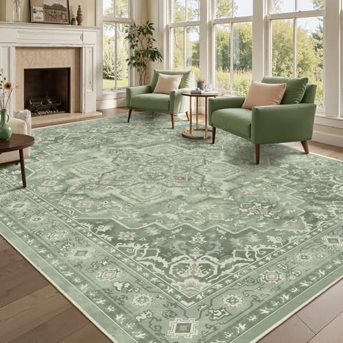 8x10 Sage Green Rugs for Living Room, Modern Vintage Medallion Washable Large Rug for Playroom Bedroom, Cozy Cottagecore Low Pile Thin Soft Carpet Rugs for Dining Room Soft Green by Jainmy