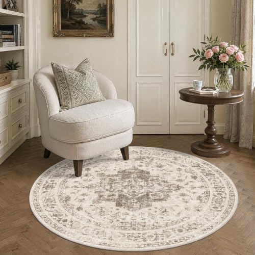 4ft Round Washable Office Rug Non-Slip Medallion Taupe Throw Carpet - Image 4