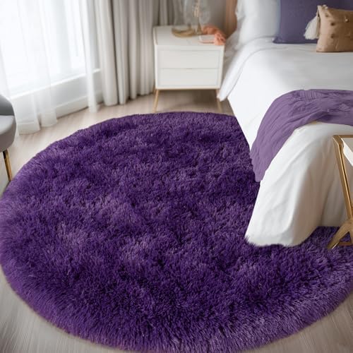 4ft Fluffy Dark Purple Round Rug for Bedroom, Washable Non-Slip - Image 3