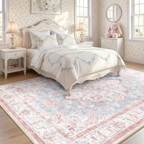 CAPALOCA 7x9 Washable Nursery Girls Low Pile Area Rug Pink Blue by CAPALOCA