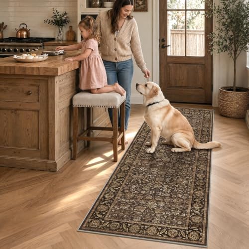 Washable 2.6x8 Kitchen Non-Slip Runner Rug Vintage Brown Throw Carpet - Image 2