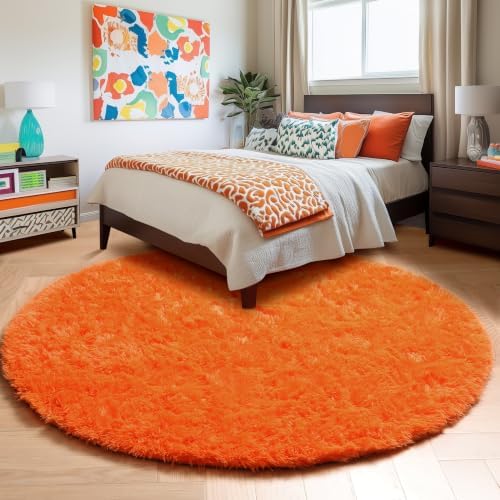 Amdrebio Orange Large Round Shaggy Area Rug 6Ft for Bedroom Living Room - Image 5