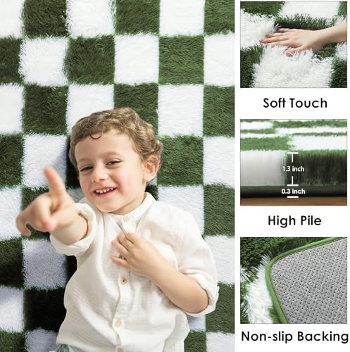 KICMOR Area Rug 5x7 for Living Room, Soft Fluffy Olive Green and White Checkered Shag Rugs Shaggy Fuzzy Carpet for Bedroom, Indoor Furry Plush Floor Rug for Kids Boys Girls Dorm Nursery Home Decor - Image 2