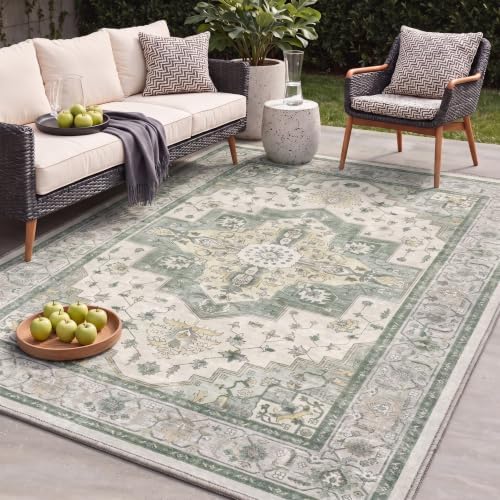 GENIMO 5x8 Outdoor Rug, Washable for Patio and Deck, Sage Ivory by GENIMO