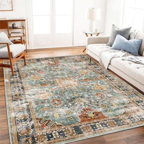 CHAMPLANT Area Rug 10'x14' Washable Vintage Traditional Mat Distressed Indoor Foldable Thin Retro Accent Floral Print Non Slip Carpet for Living Room Dining Room Office by CHAMPLANT
