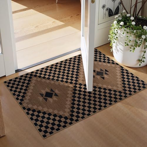 LIVEBOX Easy Jute Checkered Washable Entryway Rug 2x3, Non Slip Ultra Thin Front Door Mat Indoor Entrance, Farmhouse Small Kitchen Rug No Shed Jute Rugs Carpet for Hallway Bedroom Bathroom - Image 2