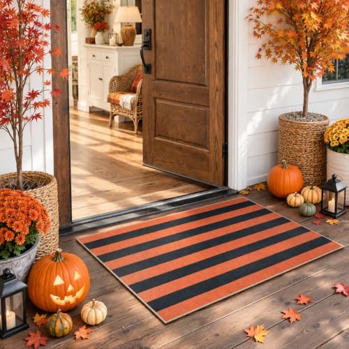 Lahome Striped Fall Door Mat, 2x3 Washable Outdoor Rug, Orange Black by Lahome