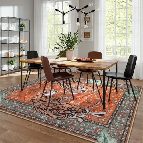Moynesa Tiger Washable Rugs, 8x10 Area Rugs for Living Room, Soft Large Vintage 8x10 Bedroom Rug, Botanical Non Slip Ultra Thin Floor Carpet for Dining Room Home Office, Rust - Image 6