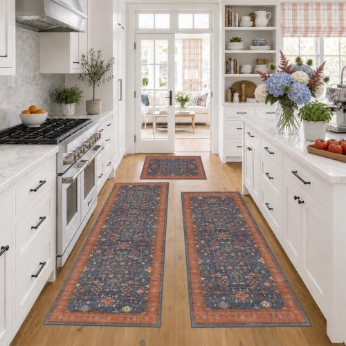 JTJ Boho Kitchen Rug Set of 3, Washable Non-Slip Mats, Navy Blue by JTJ
