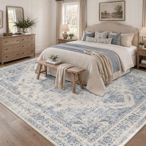 Washable 9x12 Bedroom Area Rug Soft Medallion Retro Blue Large Carpet - Image 3