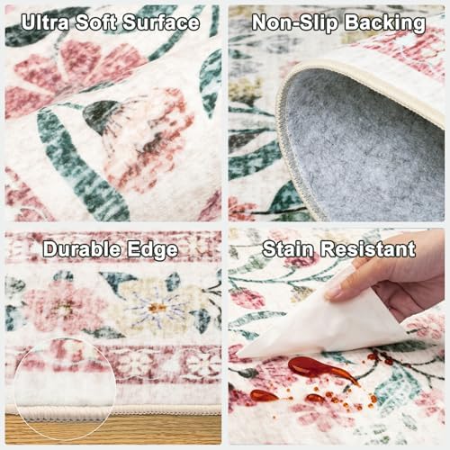 PLHXFR Area Rug Living Room: 3x5 Floral Washable Boho Carpet Pink Green - Image 7