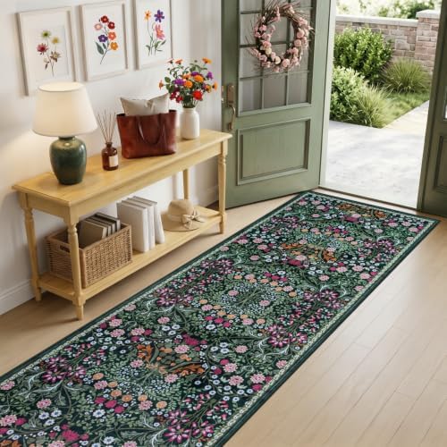 PLHXFR 2.6x10 Washable Runner Rug：Floral Indoor Kitchen Carpet Dark Green - Image 2