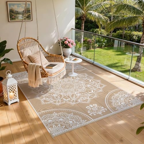 Pauwer Waterproof Outdoor Rug 6x9, Plastic Straw Patio Mat, Floral Brown - Image 6