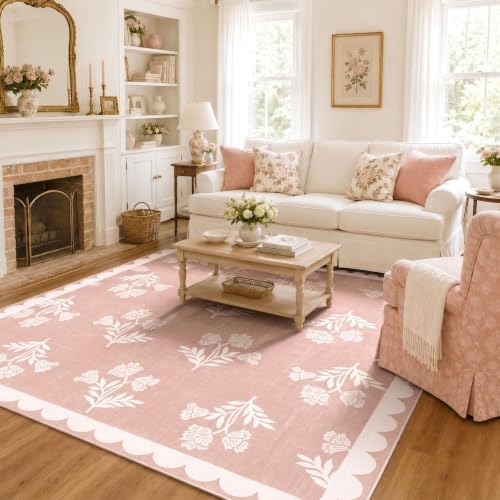 Pink Square Rugs 6ft - Soft Washable Boho Floral Girls Bedroom Rug by Othilic