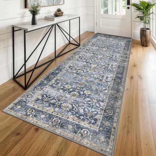 KUTA Vintage Wide Washable Runners for Hallways 3x8 ft Blue Grey Beige by KUTA