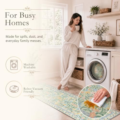 Wonnitar Machine Washable Area Rugs 9x12, Soft Sage Green Floral Rug for Living Room Bedroom, Ultra-Thin Large Foldable Boho Carpets for Playroom Classroom Dining Room - Image 4