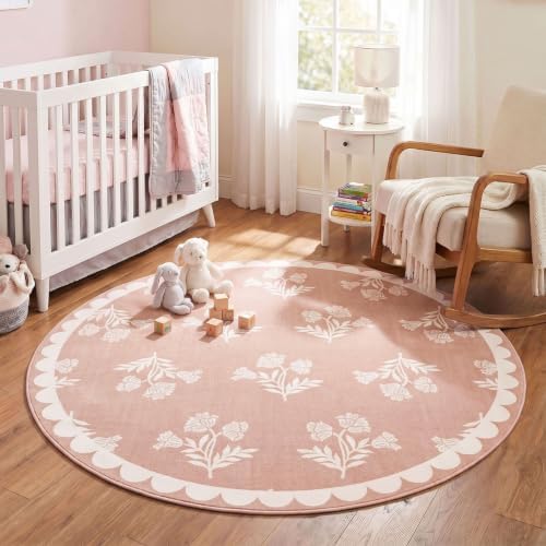 Pink Round Rug 4ft - Soft Washable Boho Floral Round Bedroom Rug by Othilic