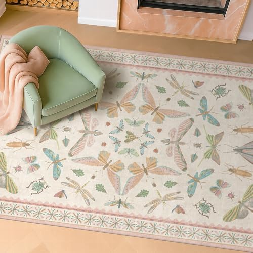 Hazo Haus Neutral Girl Nursery Rug 4x6 - Beige & Pink Rugs for Bedroom, Living Room - Washable Low Pile Non-Slip Charming Insect Print Vintage Girly Design, Perfect for Kids Rooms - Image 3