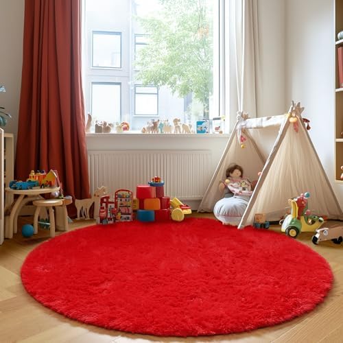 PAGISOFE Red Round Rugs for Livingroom, Circle Rugs 5x5 Feet, Ultra Soft Children Rugs for Boys/girls Bedroom, Fluffy Carpets, Shaggy Rugs, Small Teepee Furry Mat, Comfy Reading Rug, Circular Rug - Image 2