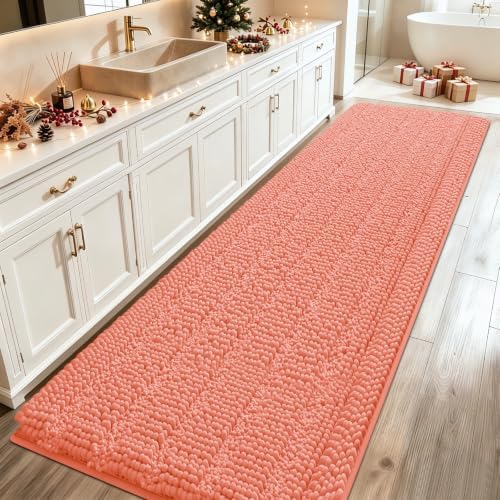 ACCUMTEK Striped Coral Bathroom Rug Mat 48"x17" Ultra Soft, Non Slip Chenille Bath Rugs, Absorbent Plush Shaggy Bath Mats for Bathroom, Bedroom, Kitchen, Shower, Tub by ACCUMTEK