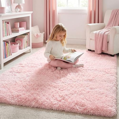 Amdrebio Pink Fuzzy Furry Kids Rug 5x8 for Girls Bedroom Living Room Dorm - Image 4