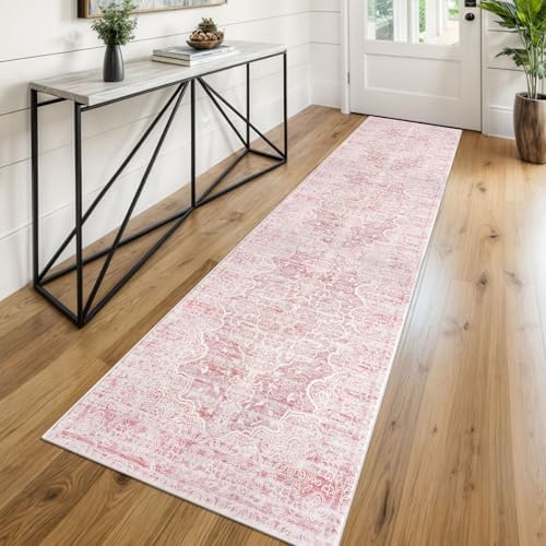 KUTA Vintage Washable Runner Rug, 2x8 Pink Runners for Hallways by KUTA