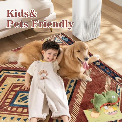 Boho Washable Rugs 5x7ft for Living Room, Vintage Red Soft Bedroom Kids Nursery Area Rugs Non Slip, Moroccan Thin Dining Room Area Floor Carpets for Playroom Kitchen Home Office Decor - Image 2