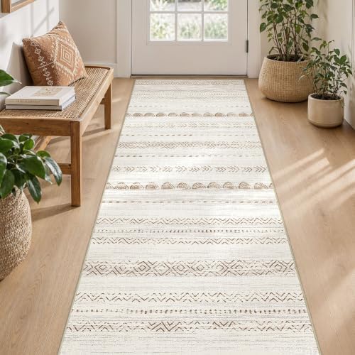 Nakagishi Runner Rug Kitchen Washable Rugs: 3x8 Non-Slip Boho Soft Modern Stain Resistant Indoor Floor Neutral Farmhouse Throw Carpet for Hallway Bathroom Laundry Room Entryway Bedroom- Brown - Image 3