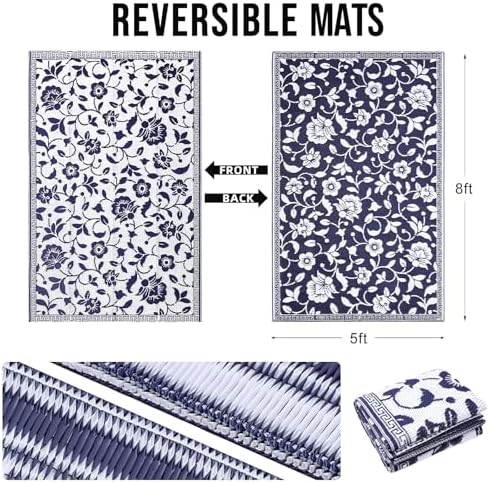 OLANLY Outdoor Rug 5x8 ft Waterproof Reversible Floral Mat, Navy & White - Image 2