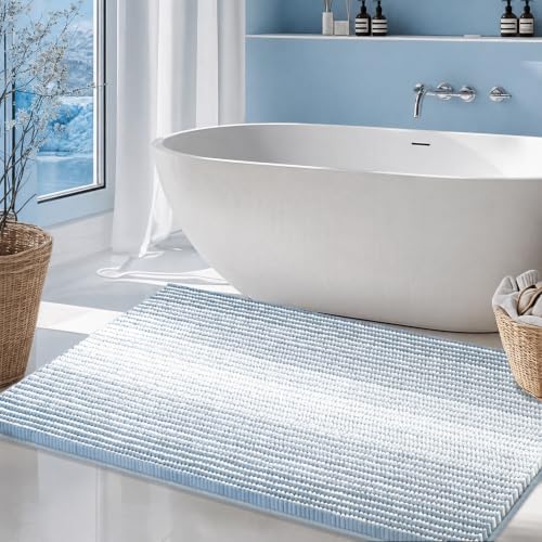 BSICPRO Large Chenille Bathroom Rugs, 24x43 Striped Bath Mats, Ice Blue by BSICPRO