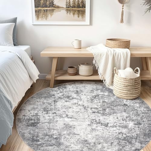 UERMEI 6ft Round Area Rug Living Room Rugs - 6x6 Washable Neutral Modern Abstract Soft Thin Rug Indoor Floor No Slip Rug Carpet for Bedroom Under Dining Table Home Office Decor - Grey - Image 3