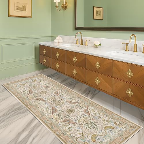 Hazo Haus Boho Long Bathroom Runner Rug 2x6 - Floral & Bird Runner Rug for Kitchen Floor, Hallway, Laundry Room, Bedroom, Entrance, Beige Neutral Vintage Decor, Washable Non Slip Low Pile - Image 3