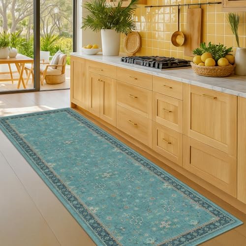 Boho 2x8 Non Slip Kitchen Runner Rugs -Machine Washable Non Skid Vintage Carpet for Hallway, Entryway, Non Slip with Rubber Backing, Floral Aqua Blue Unique Runner Décor (Teal) by HazoHaus