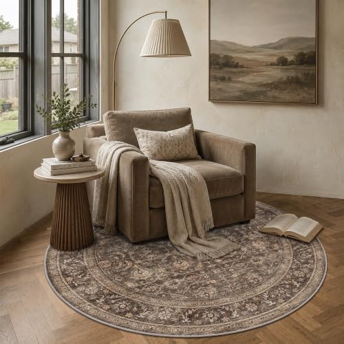 JOOJA 5x5 Dark Brown Vintage Low Pile Washable Boho Round Living Room Rug - Image 2