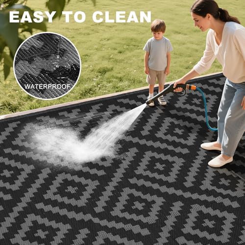 RURALITY Outdoor Rugs 5x8 Feet for Patios Clearance,Plastic Straw Waterproof Mats for Backyard,Porch,Deck,Balcony,Black&Deep Grey - Image 5