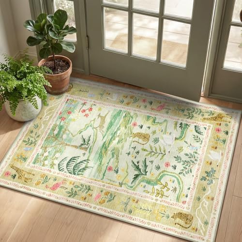 2x3 Washable Area Rug for Entryway Non Slip Safari Nursery Rug Green Kids Room Rugs Low Pile Stain Resistant Jungle Animal Print Rugs Small Throw Mat for Living Room Bedroom Girls Room, Sage Green - Image 3