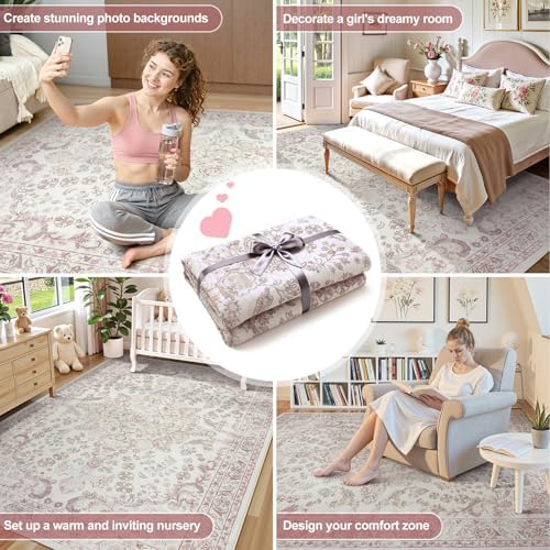 Wonnitar Floral Washable 8x10 Rug, Pink Area Rug for Bedroom Girls, Soft Non Slip Ultra-Thin Large Boho Vintage Home Decor Carpet for Living Room Nursery Dining Room Girl Room - Image 3