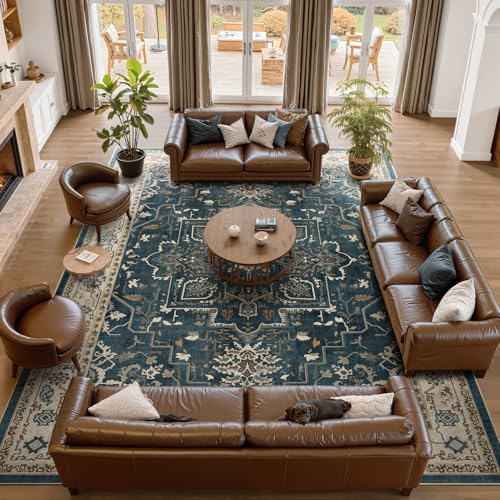 Large 10x14 Area Rugs, Washable Non Slip Big Rug for Living Room Bedroom, Distressed Medallion Vintage Big Carpet Rugs for Dinig Room Family Rooms, Low Pile Thin, Deep Blue/Multi - Image 3