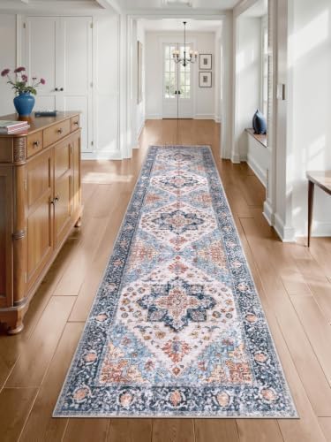 SERISSA 2'6"x12' Washable Non Slip Boho Runner Rug for Hallway，Blue Orange by SERISSAHomeDecorCollection