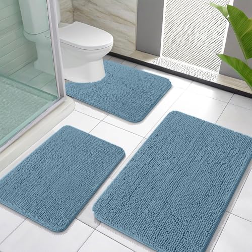 OLANLY Bathroom Rugs Sets 3 Piece, 30"x20"+24"x16"+24"x20", Airy Blue by OLANLY