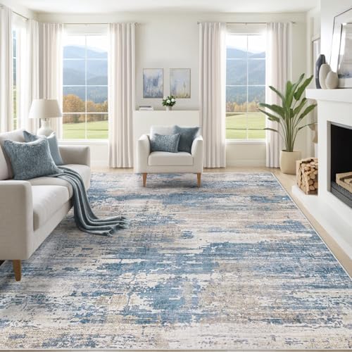 XLUEZ 10x14 Area Rugs for Living Room, Washable Modern Abstract Large Area Rug Neutral Soft Non Slip Kids Rug Stain Resistant Indoor Carpet for Bedroom Dining Room Playroom Office(BlueBeige, 10'x14') by XLUEZ