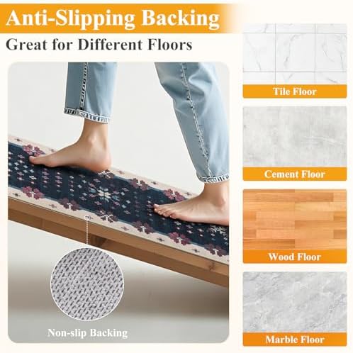 HEBE Boho Kitchen Rugs Set of 3, Non Slip Washable Kitchen Mats for Floor - Image 3