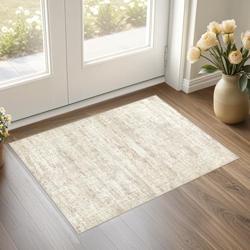 UERMEI 2x3 Entryway Area Rug: Washable Neutral Modern Abstract Small Rug - Non-Slip Low Pile Throw Indoor Carpet for Entrance Kitchen Front Door Mat Bathroom Entry Kids Room - Dark Brown - Beige/Brown by UERMEI
