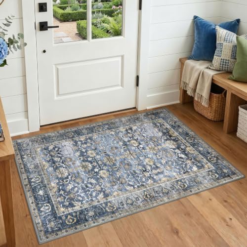 KUTA Vintage Floral 3x4 Entryway Rug Washable Area Rugs Blue Grey Beige by KUTA