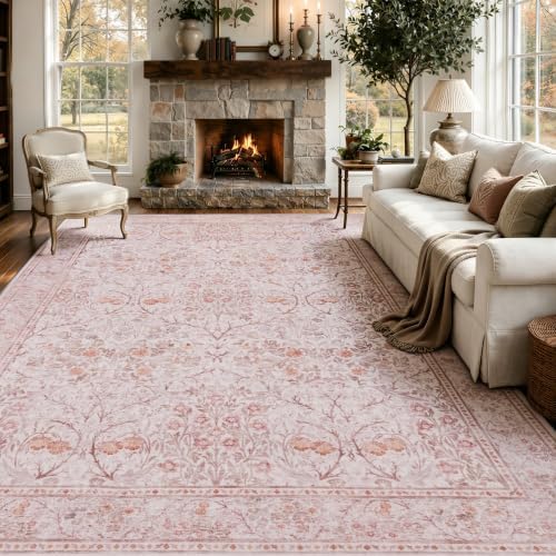 JOLLYVOGUE 9x12 Area Rugs for Living Room, Vintage Washable Rug, Pink by JOLLYVOGUE