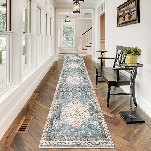 Hallway Washable Runner Rug 2'6x12 - Kitchen Runner Rugs with Non Slip Backing Stain Resistant Rugs for Living Room Bedroom Carpet Distressed Rug Floor Deocr Mat (2‘6''x12', Aqua Blue) by RUUGME