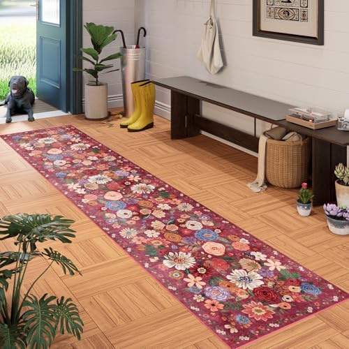 Red Floral Hallway Runner Rug 2x10 for Kitchen Bathroom - Image 2