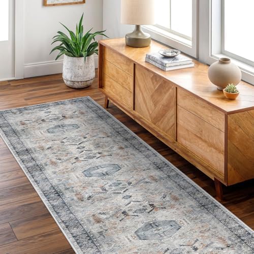 RUUGME Washable Runner Rug 2.6'x12' - Vintage Kitchen Area Rug Stain Resistant Rugs for Living Room Bedroom Laundry Room Mat Distressed Rug Hallway Floor Carpet Runner for Bathroom(Grey/Blue) - Image 4