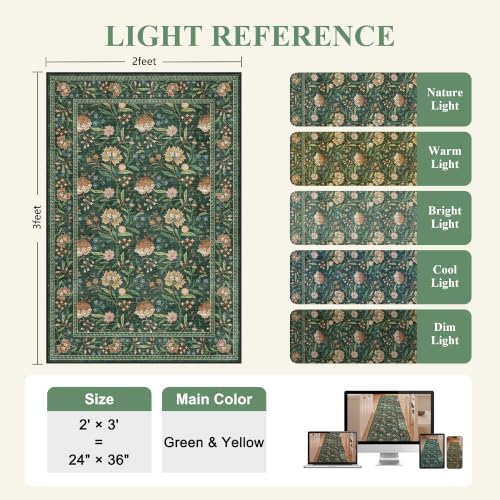 DUKINO 2x3 Rug, Washable Vintage Floral Bathroom Rugs Non Slip, Green - Image 2