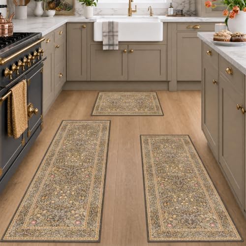 JTJ Brown Kitchen Rug Set of 3, Washable Non Slip Mats with Runner by JTJ
